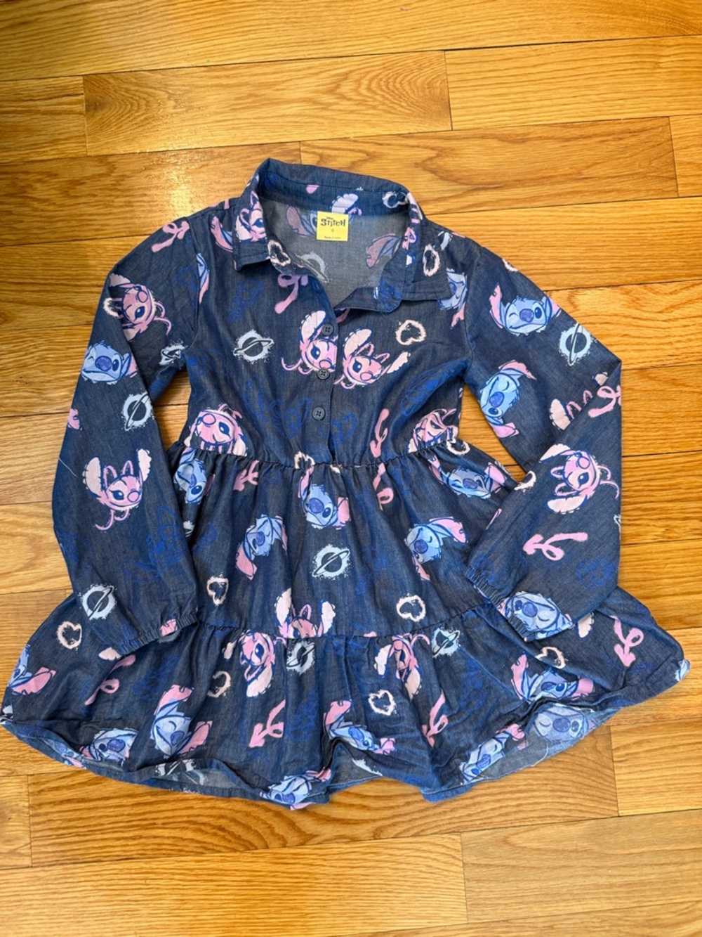 Disney Stitch and Angel Blue & Pink Girls Button-Up Twirly Dress size 6